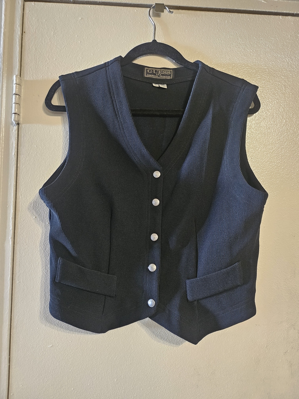 Vintage GUESS Black Ribbed Button Vest with Pocket Flaps